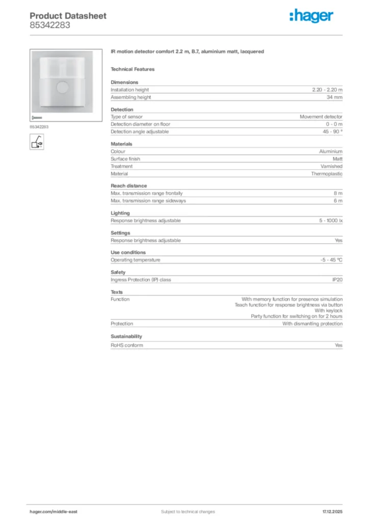 Image Hager Product data sheet 85342283  | Hager