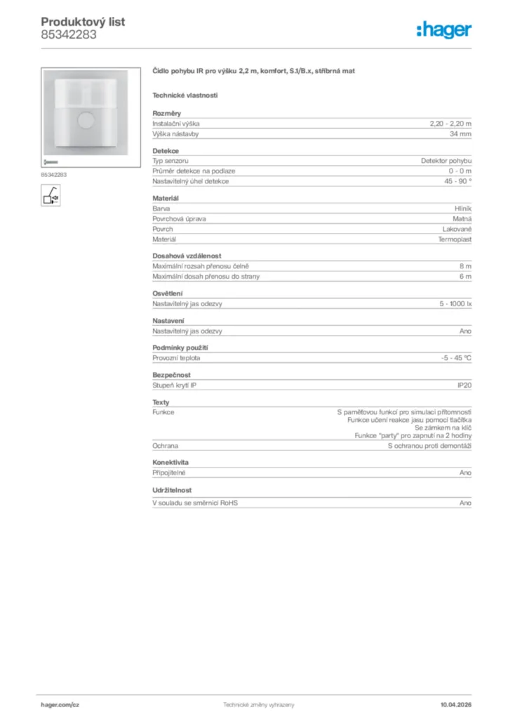 Obrázek Hager Product data sheet 85342283 | Hager