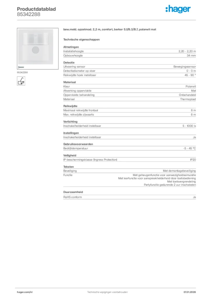 Afbeelding Hager Productdatablad 85342288 | Hager Nederland