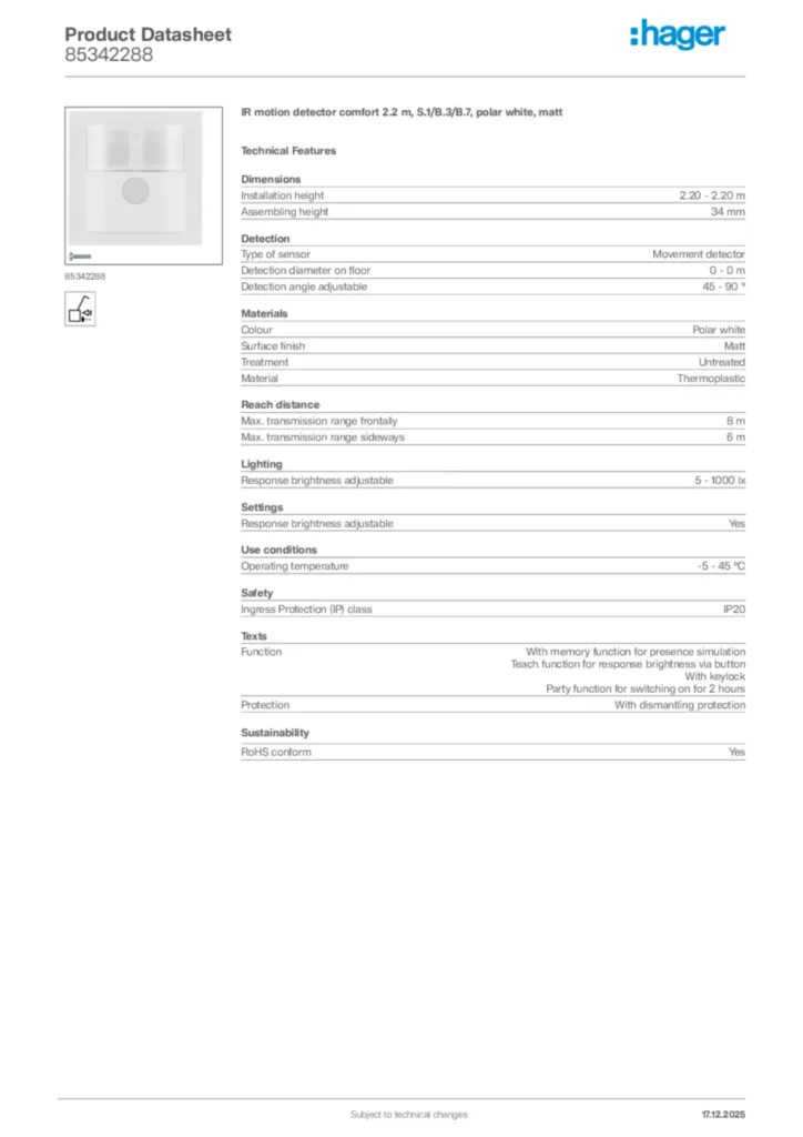 Image Hager Product data sheet 85342288  | Hager