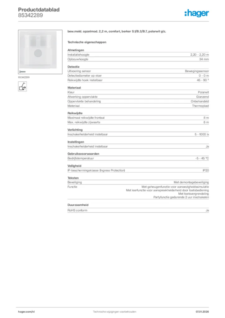 Afbeelding Hager Productdatablad 85342289 | Hager Nederland