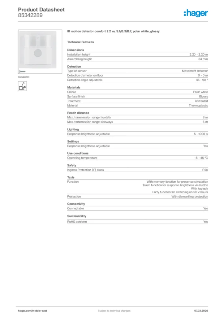 Image Hager Product data sheet 85342289  | Hager
