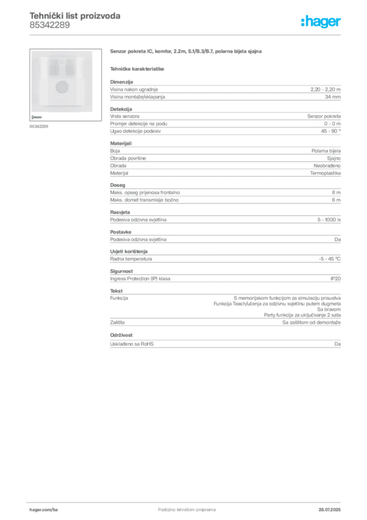 Slika Hager Product data sheet 85342289  | Hager
