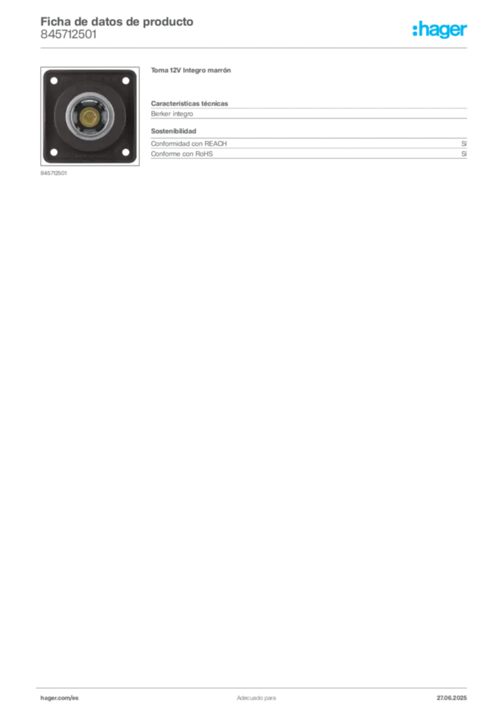 Imagen Hager Ficha de datos de producto 845712501 | Hager España