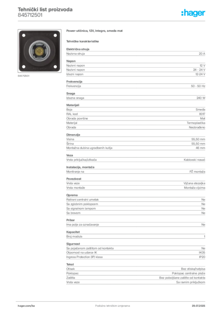 Slika Hager Product data sheet 845712501  | Hager