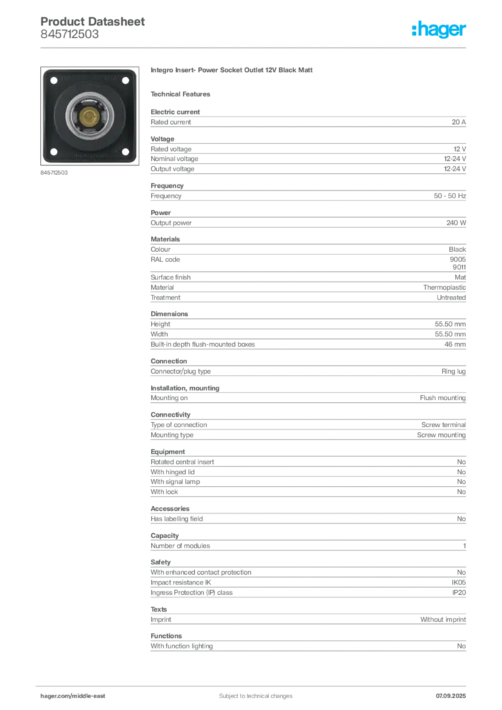 Image Hager Product data sheet 845712503  | Hager