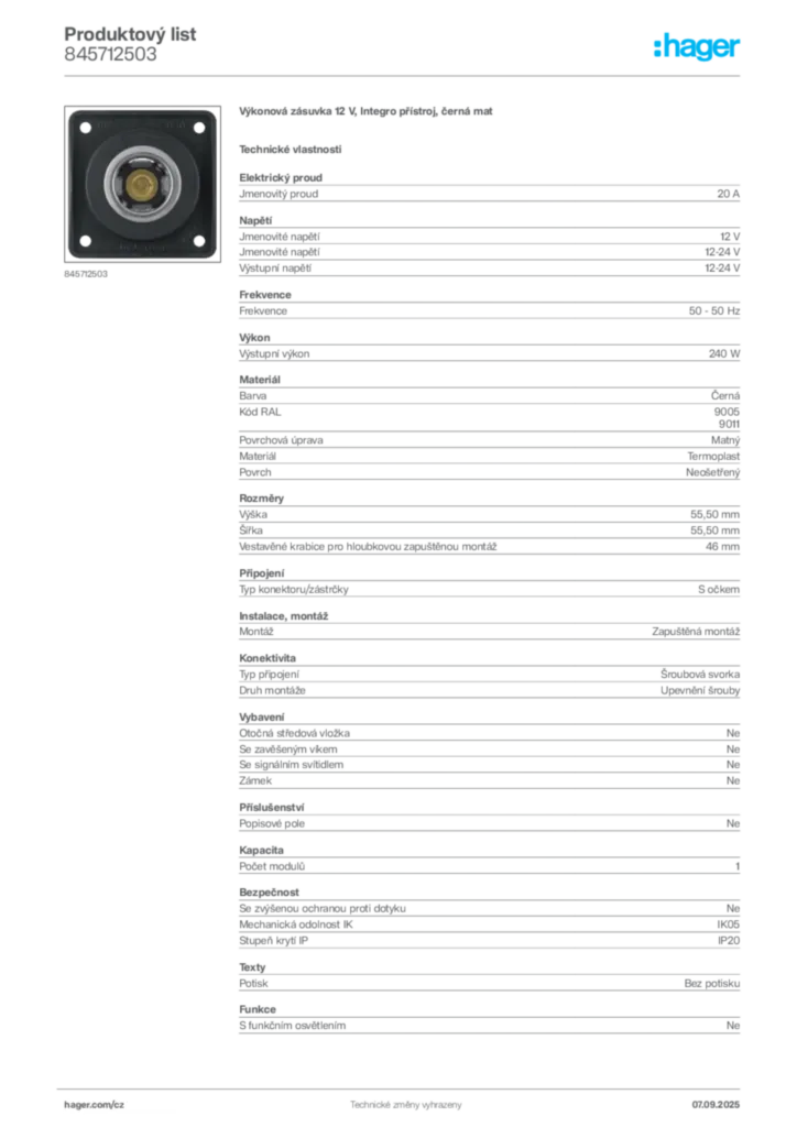 Obrázek Hager Produktový list 845712503 | Hager