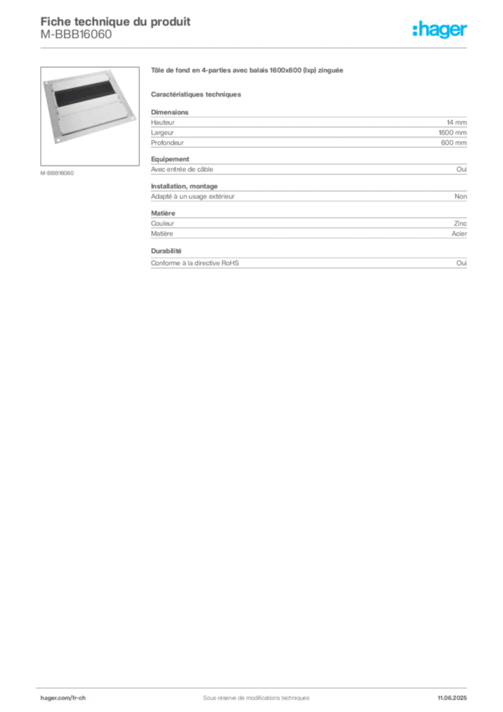 Image Hager Fiche technique du produit M-BBB16060 | Hager Suisse