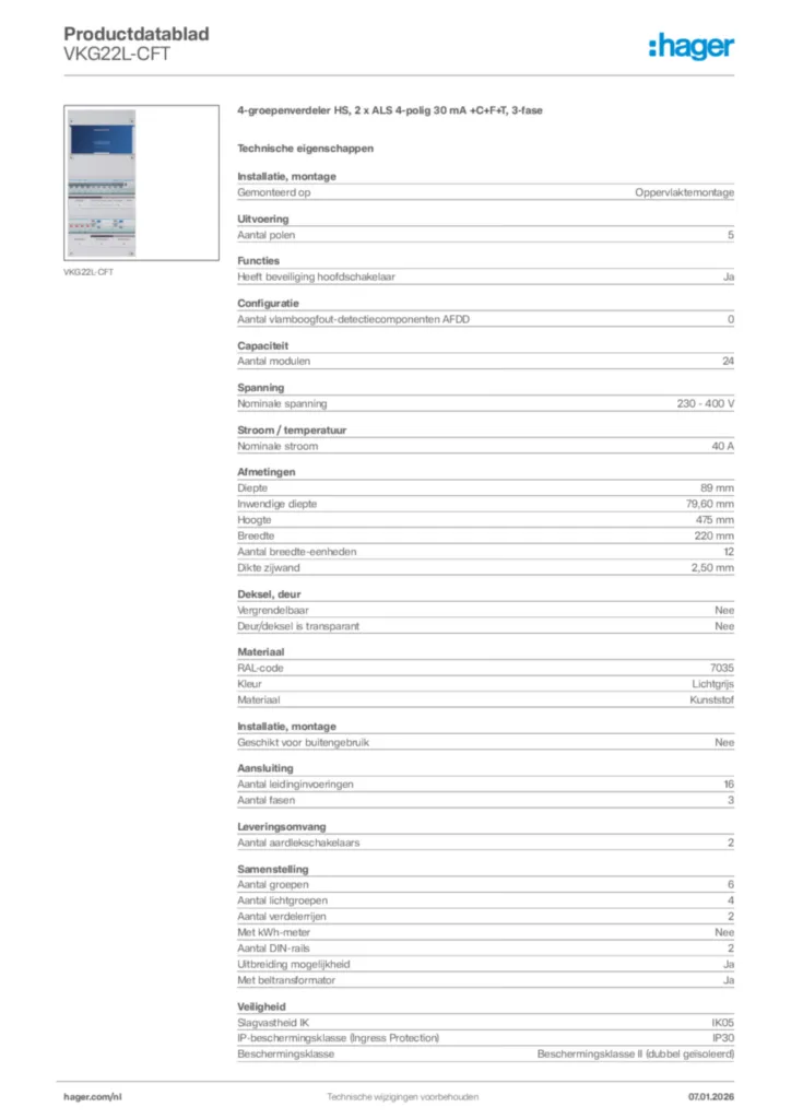 Afbeelding Hager Productdatablad VKG22L-CFT | Hager Nederland
