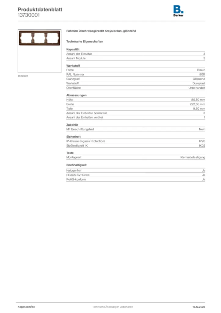 Bild Berker Produktdatenblatt 13730001 | Hager Deutschland