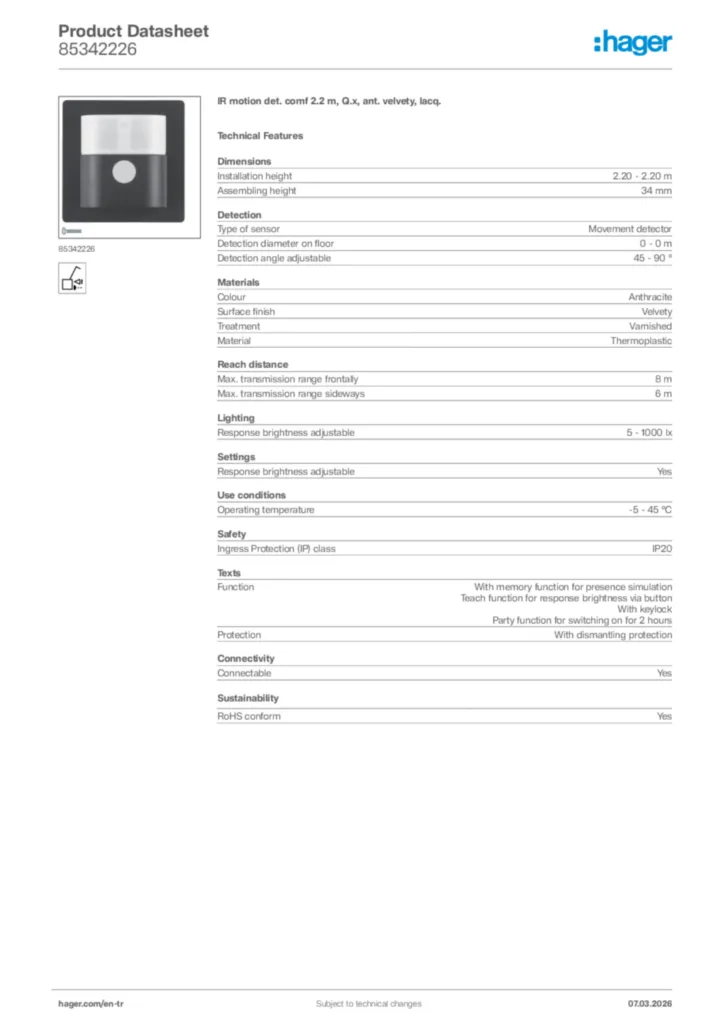 Image Hager Product data sheet 85342226  | Hager