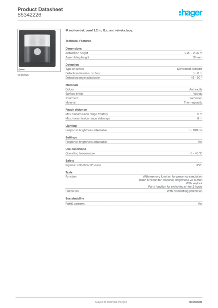 Image Hager Product data sheet 85342226  | Hager