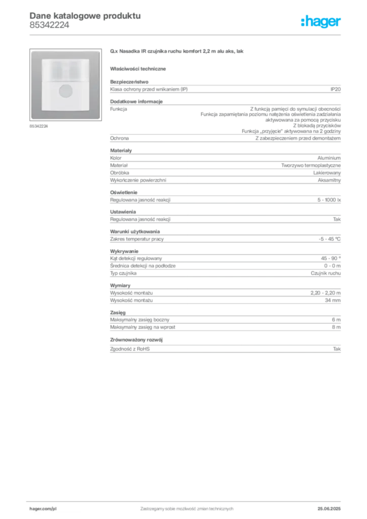 Zdjęcie Hager Karta katalogowa 85342224 | Hager Polska