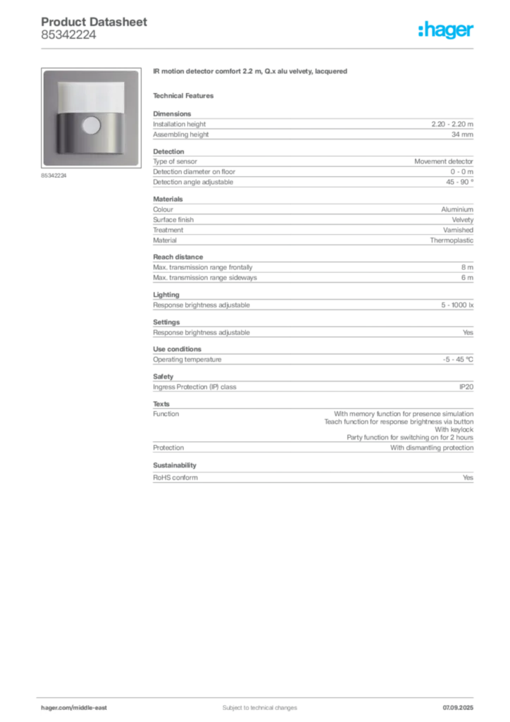 Image Hager Product data sheet 85342224  | Hager