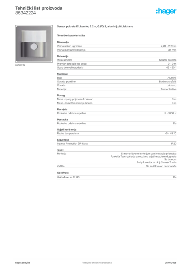 Slika Hager Product data sheet 85342224  | Hager