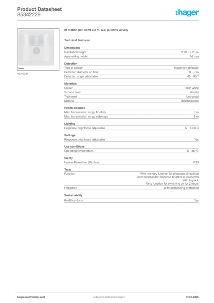 Image Hager Product data sheet 85342229  | Hager