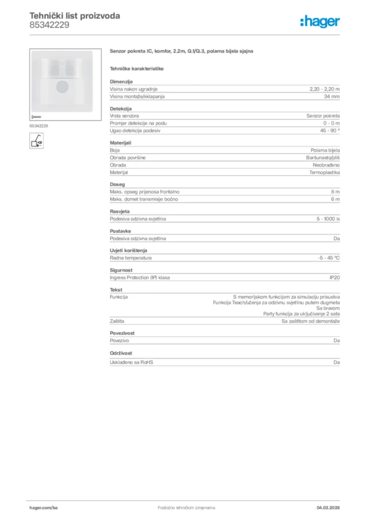 Slika Hager Tehnički list proizvoda 85342229  | Hager