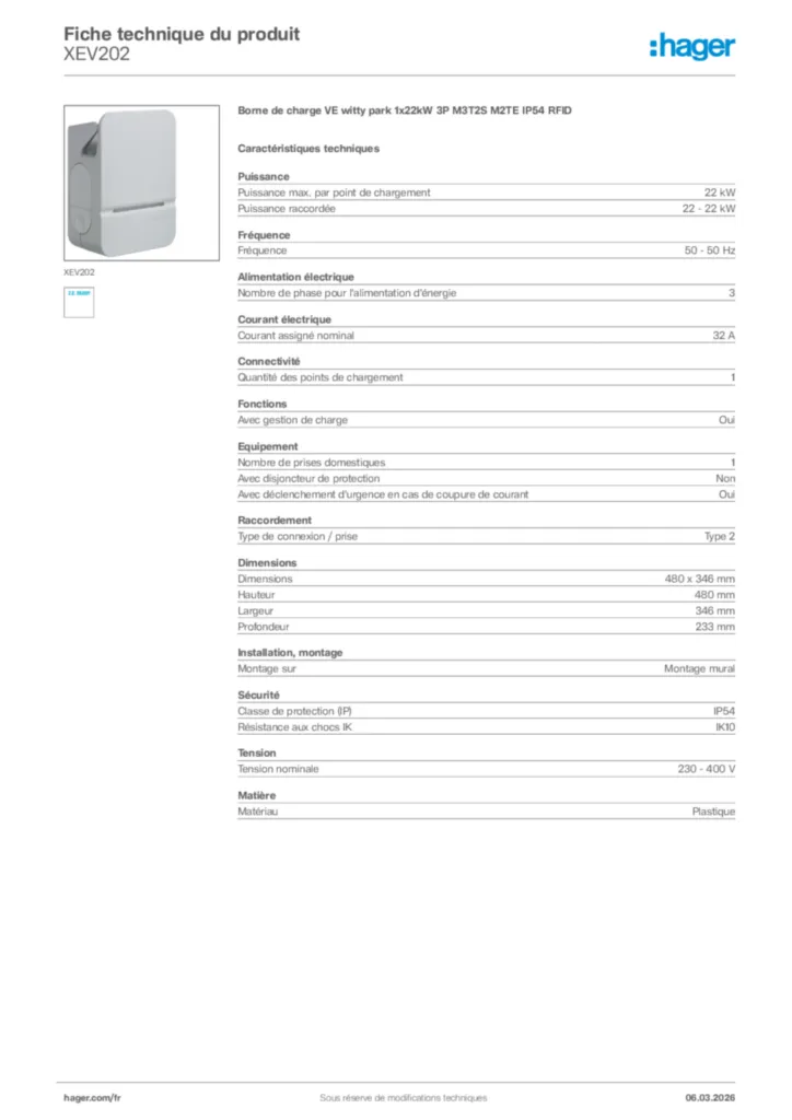 Image Hager Fiche technique du produit XEV202 | Hager France