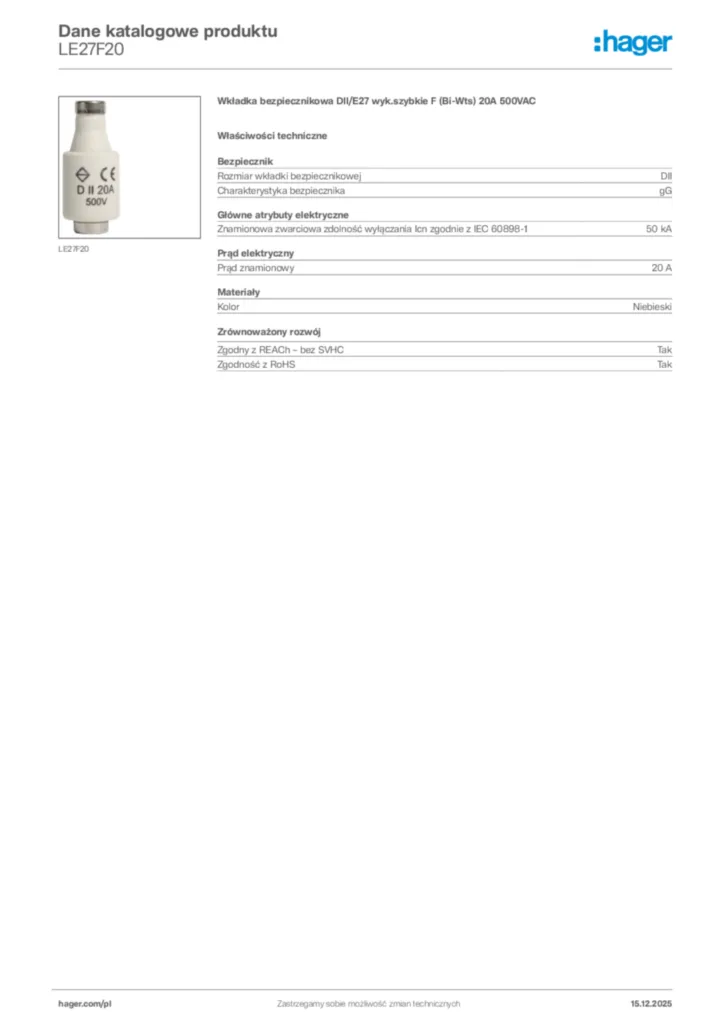 Zdjęcie Hager Karta katalogowa LE27F20 | Hager Polska