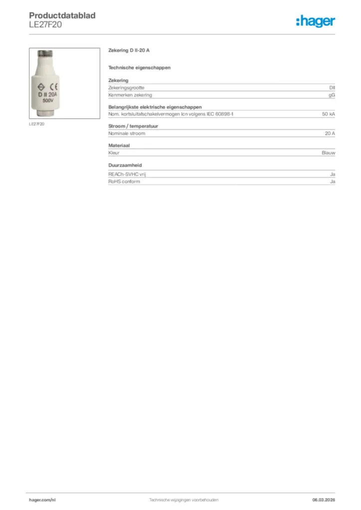 Afbeelding Hager Productdatablad LE27F20 | Hager Nederland