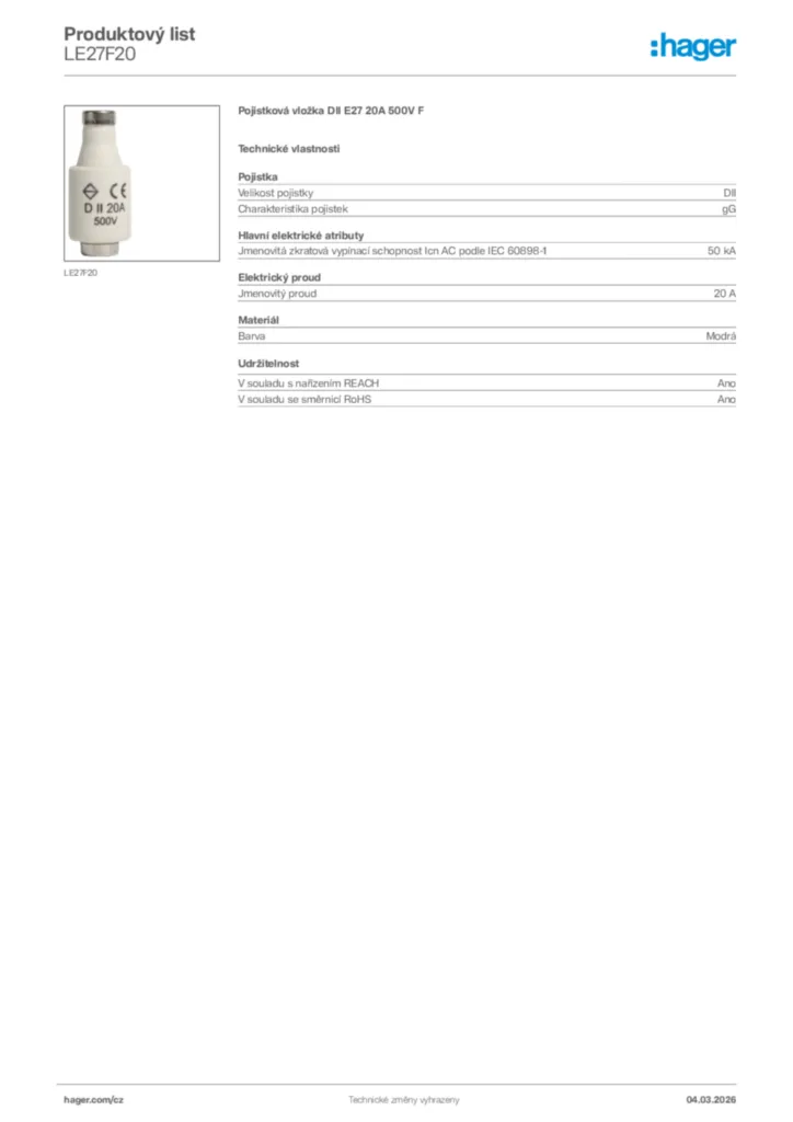 Obrázek Hager Product data sheet LE27F20 | Hager