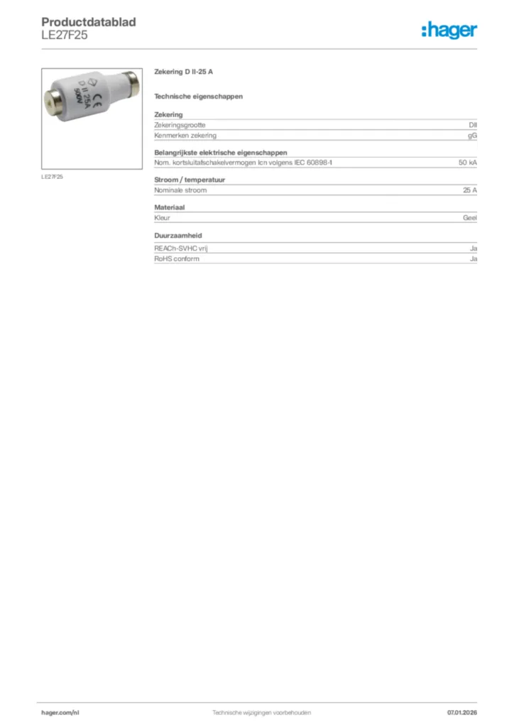 Afbeelding Hager Productdatablad LE27F25 | Hager Nederland