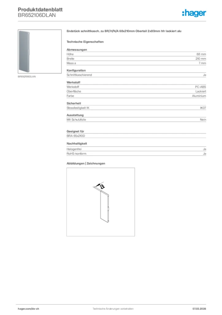 Bild Hager Produktdatenblatt BR652106DLAN | Hager Schweiz