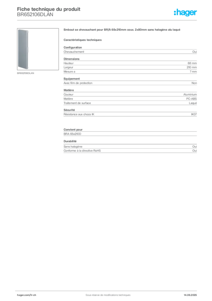 Image Hager Fiche technique du produit BR652106DLAN | Hager Suisse