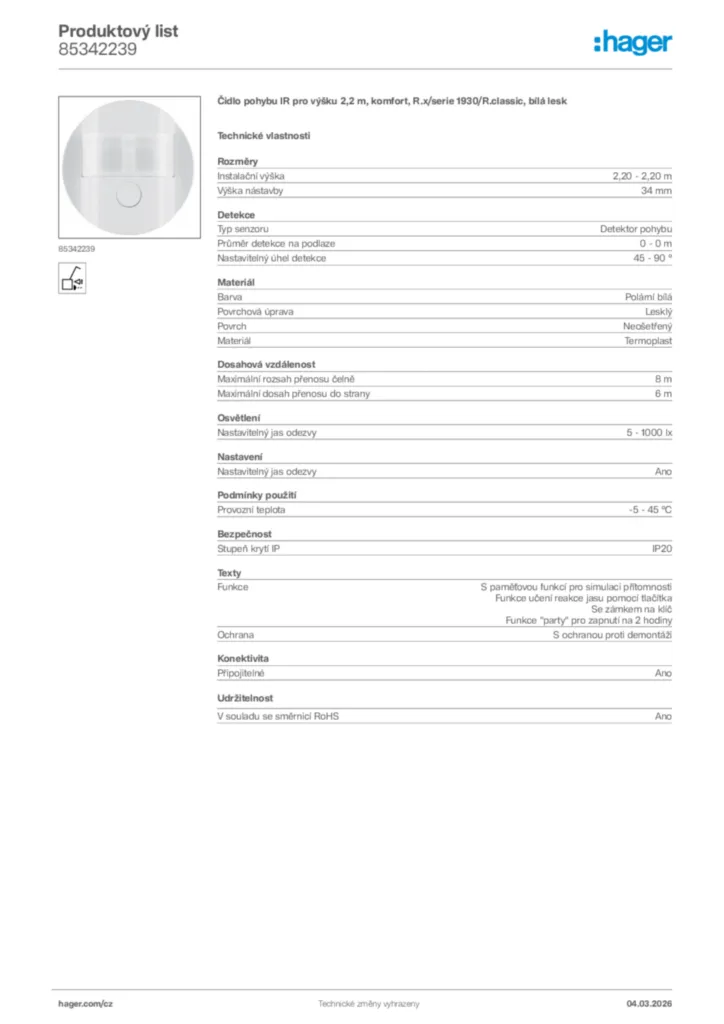Obrázek Hager Product data sheet 85342239 | Hager