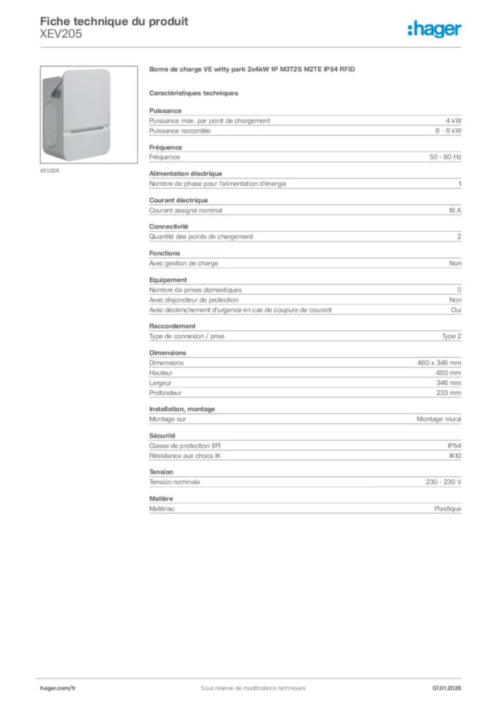 Image Hager Fiche technique du produit XEV205 | Hager France