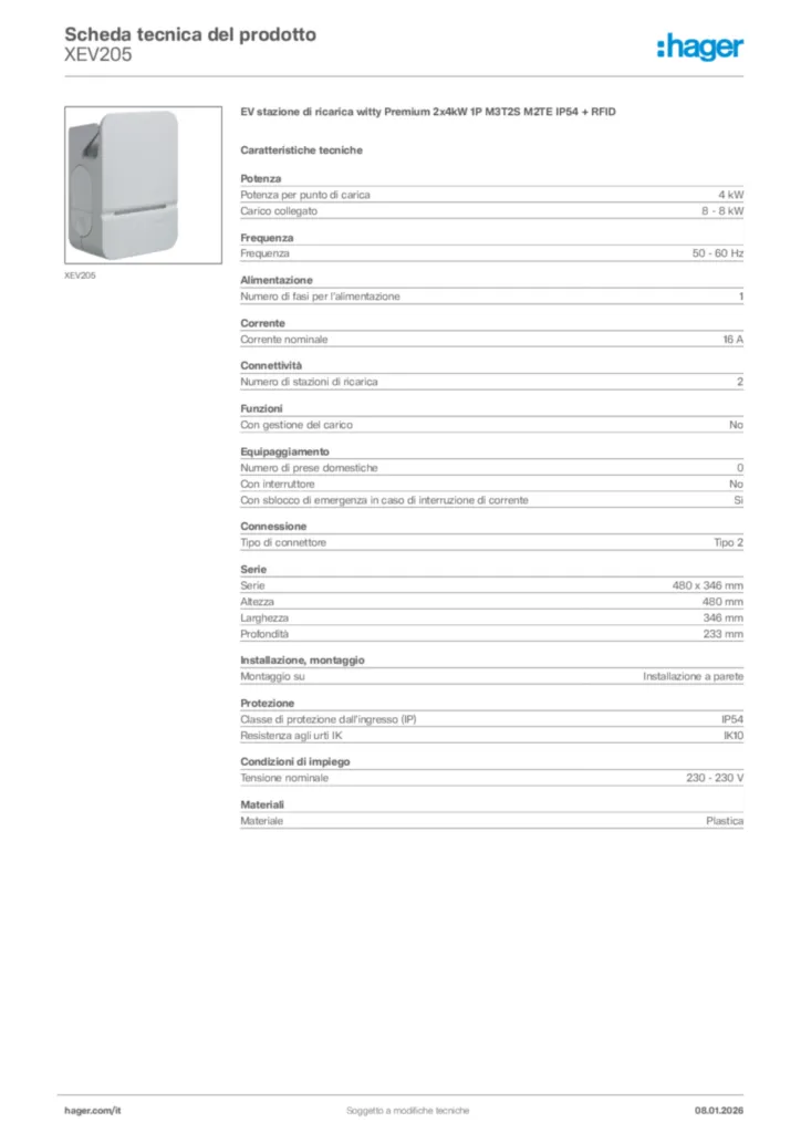 Immagine Hager Scheda tecnica del prodotto XEV205 | Hager Italia