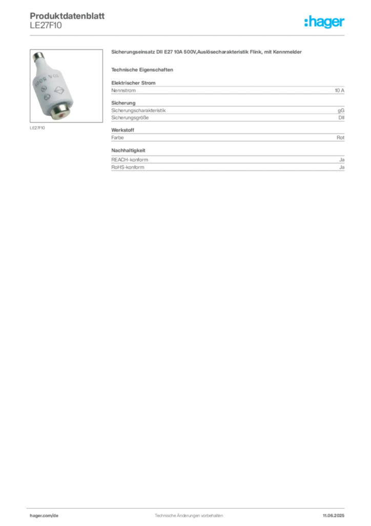 Bild Hager Produktdatenblatt LE27F10 | Hager Deutschland