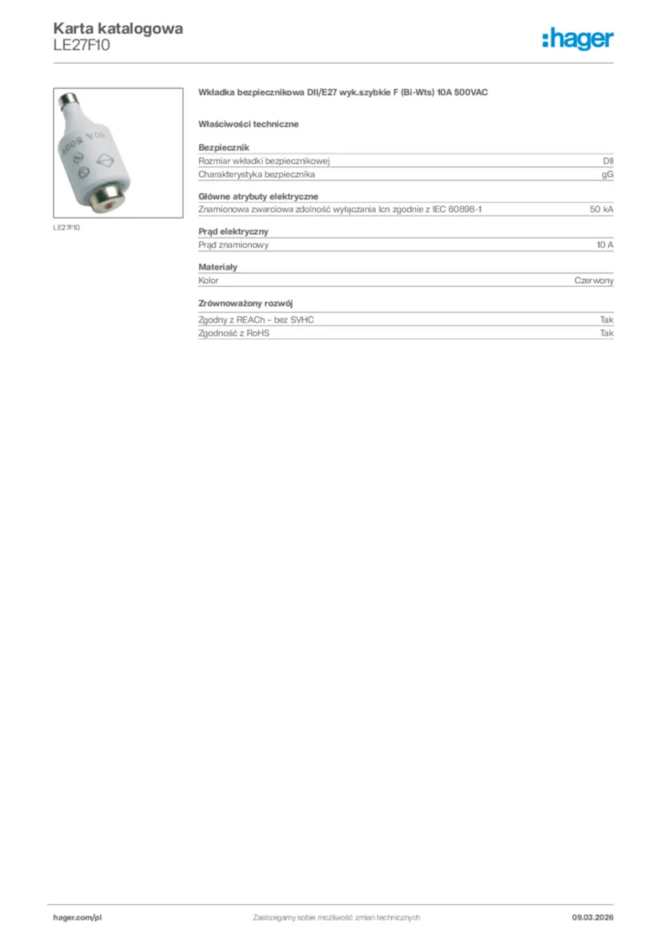 Zdjęcie Hager Karta katalogowa LE27F10 | Hager Polska