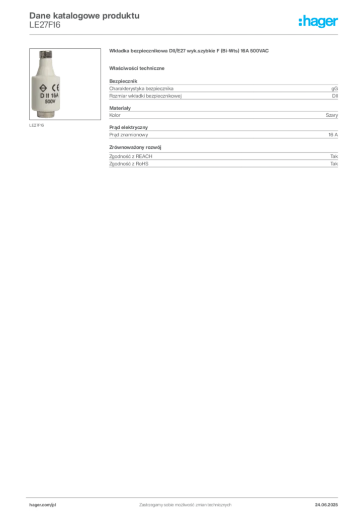 Zdjęcie Hager Karta katalogowa LE27F16 | Hager Polska