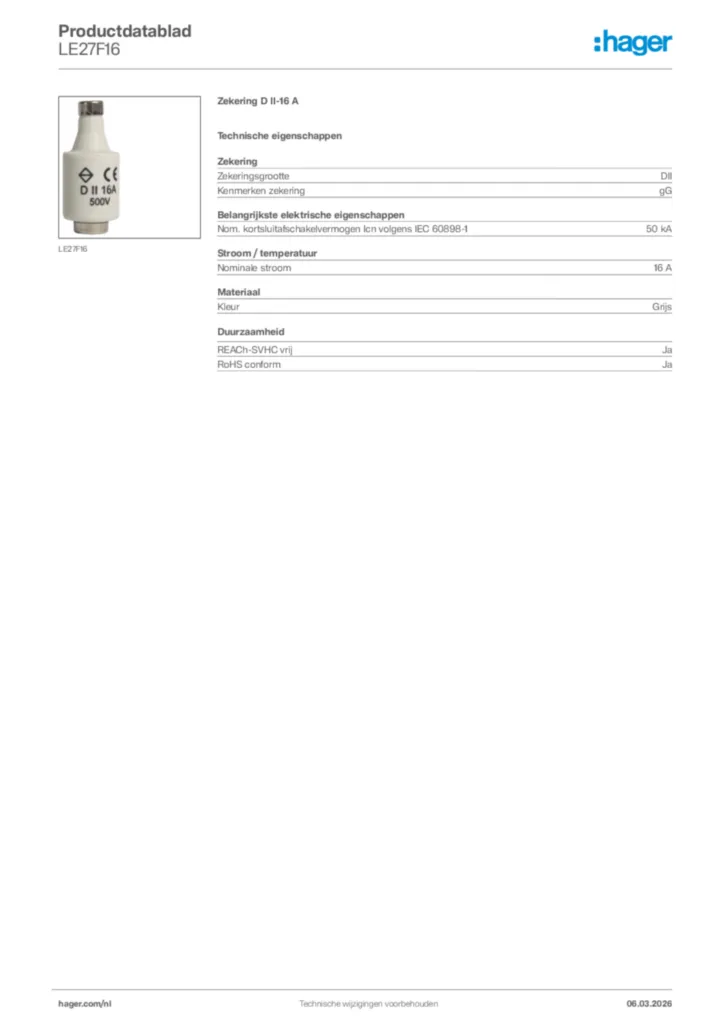Afbeelding Hager Productdatablad LE27F16 | Hager Nederland