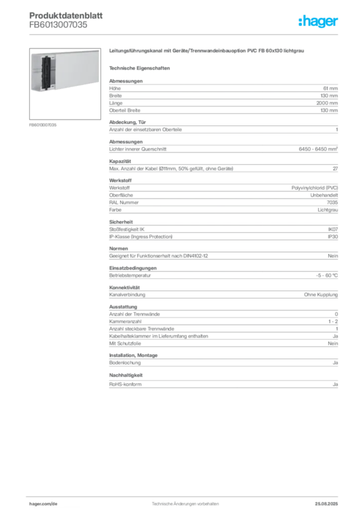 Bild Hager Produktdatenblatt FB6013007035 | Hager Deutschland