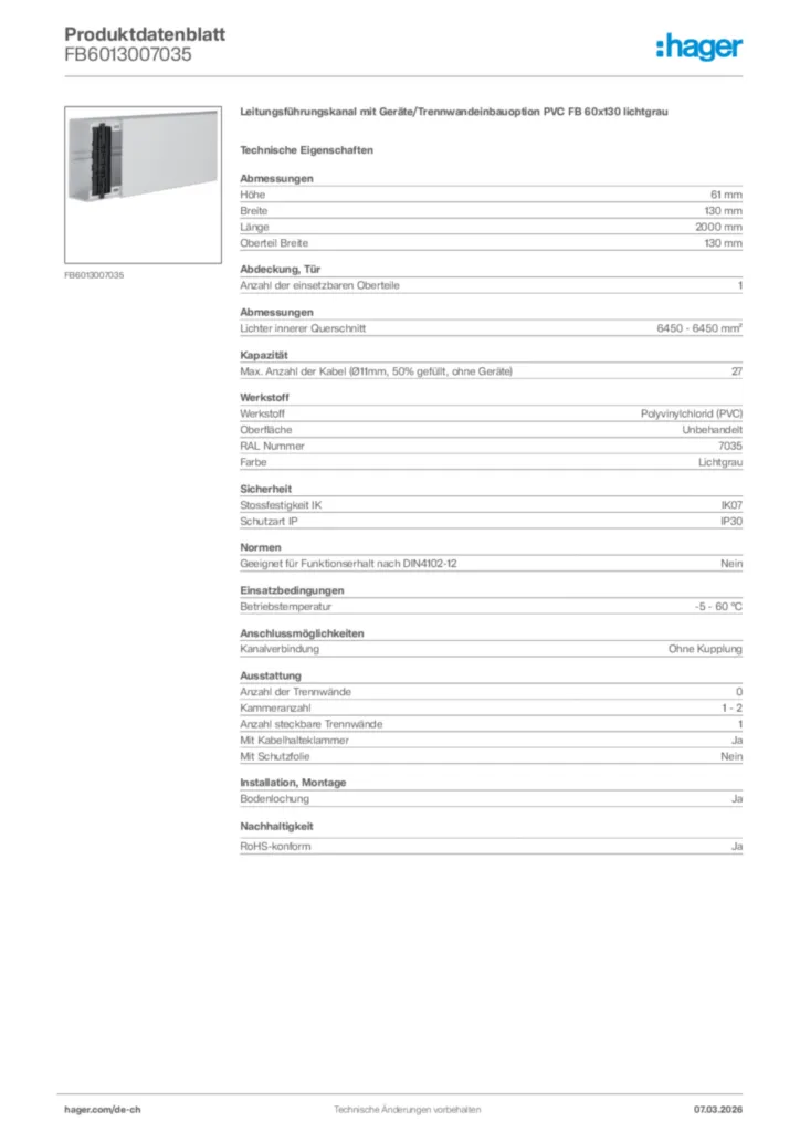 Bild Hager Produktdatenblatt FB6013007035 | Hager Schweiz