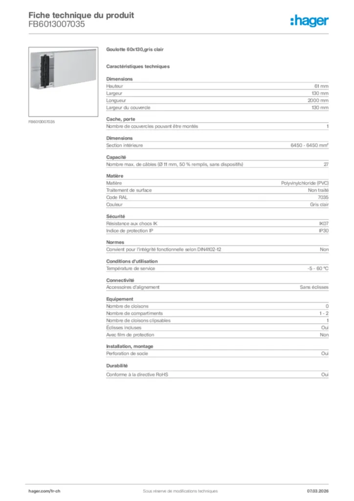 Image Hager Fiche technique du produit FB6013007035 | Hager Suisse