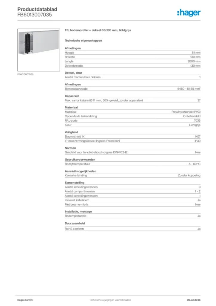 Afbeelding Hager Productdatablad FB6013007035 | Hager Nederland