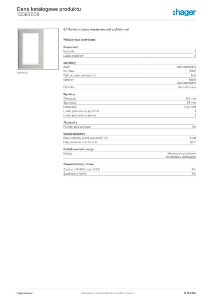 Zdjęcie Hager Karta katalogowa 13093609 | Hager Polska
