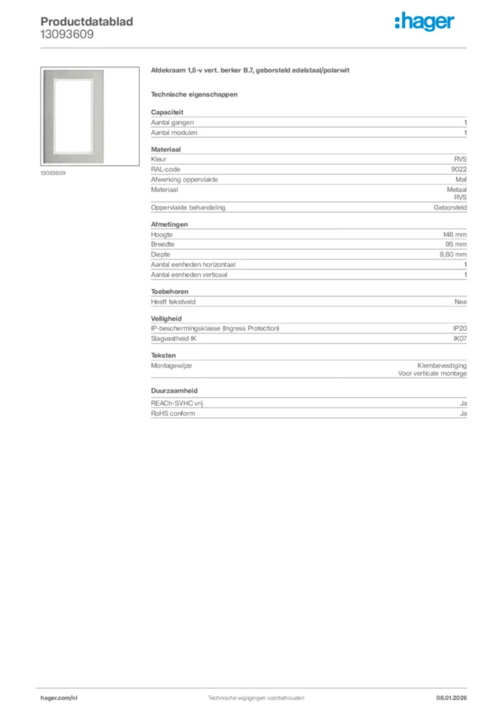 Afbeelding Hager Productdatablad 13093609 | Hager Nederland