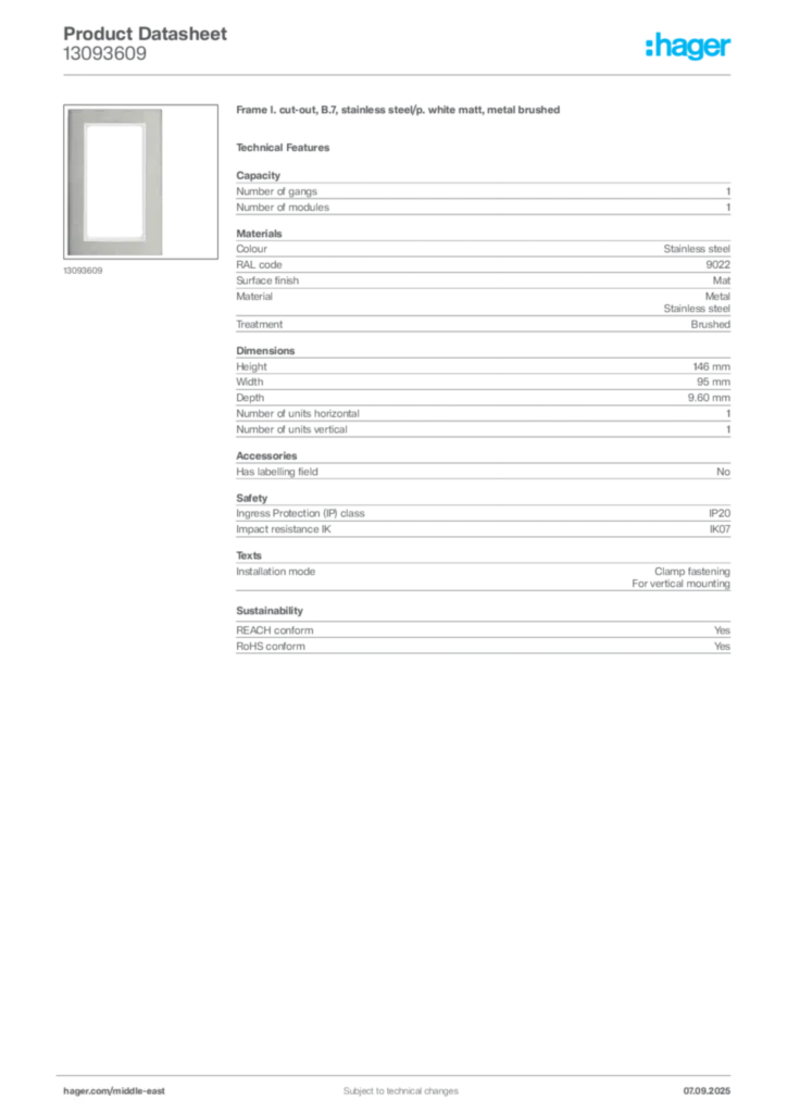 Image Hager Product data sheet 13093609  | Hager