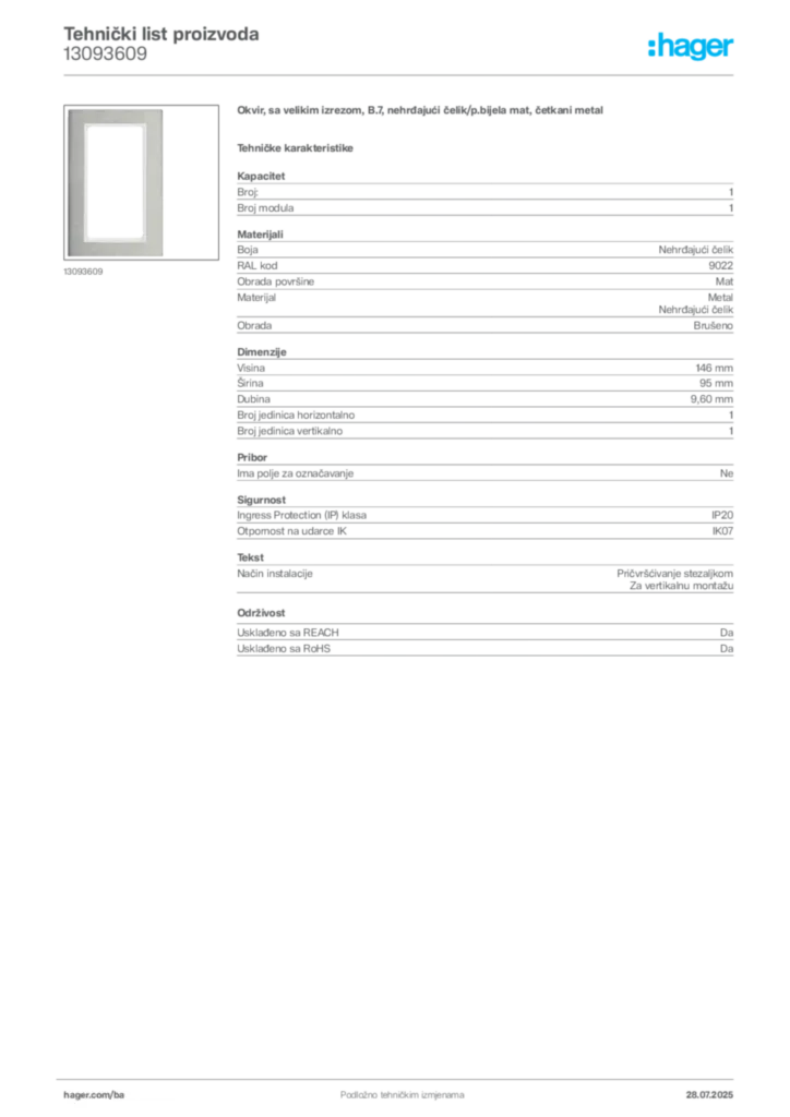 Slika Hager Product data sheet 13093609  | Hager