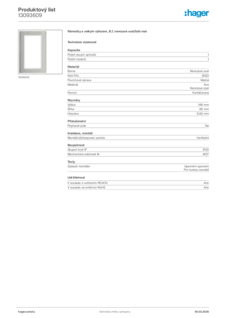 Obrázek Hager Product data sheet 13093609 | Hager