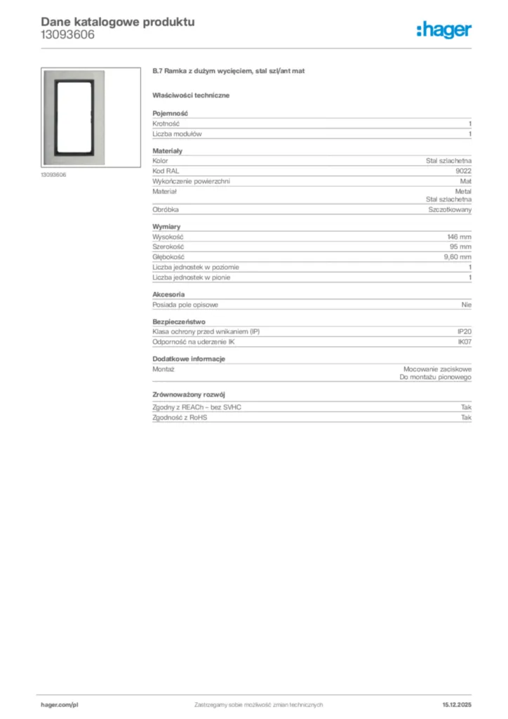 Zdjęcie Hager Karta katalogowa 13093606 | Hager Polska