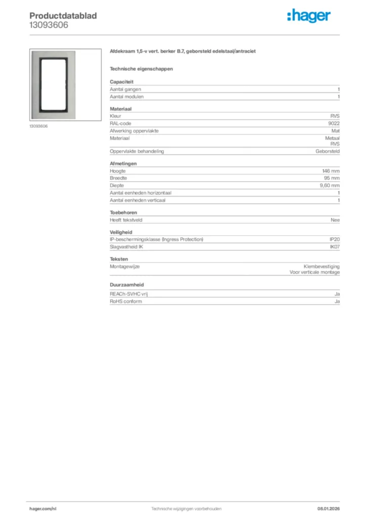 Afbeelding Hager Productdatablad 13093606 | Hager Nederland
