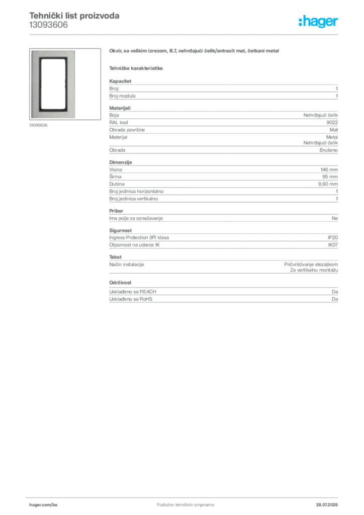 Slika Hager Product data sheet 13093606  | Hager