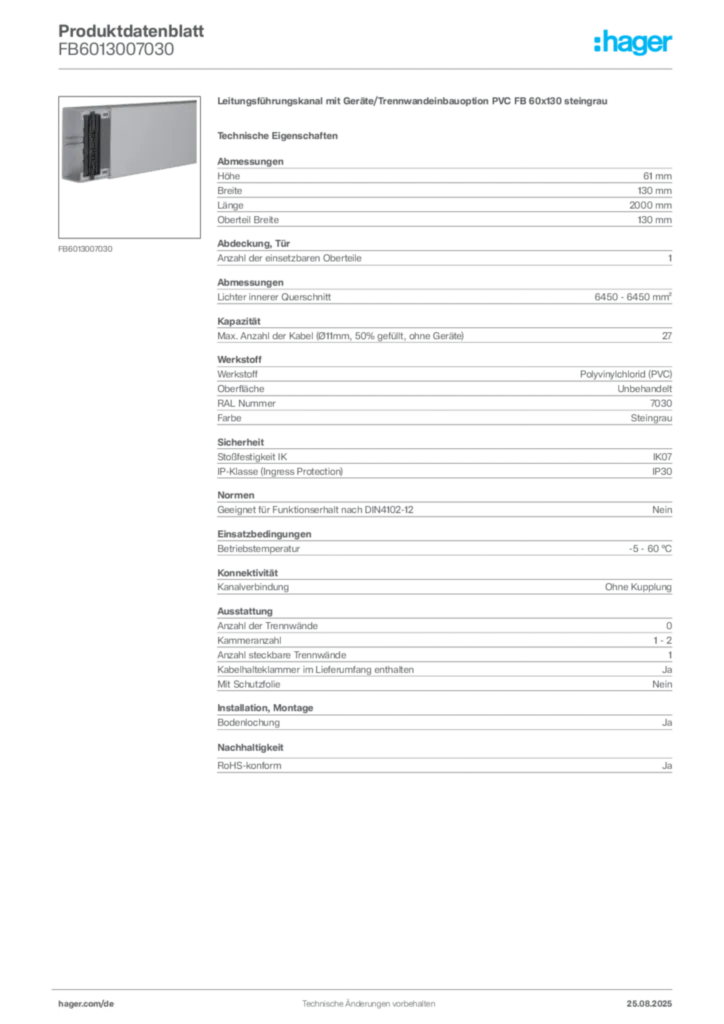 Bild Hager Produktdatenblatt FB6013007030 | Hager Deutschland