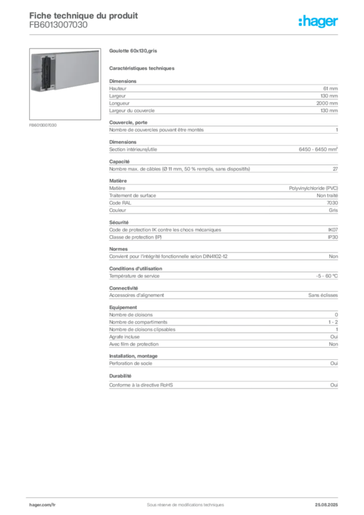 Image Hager Fiche technique du produit FB6013007030 | Hager France