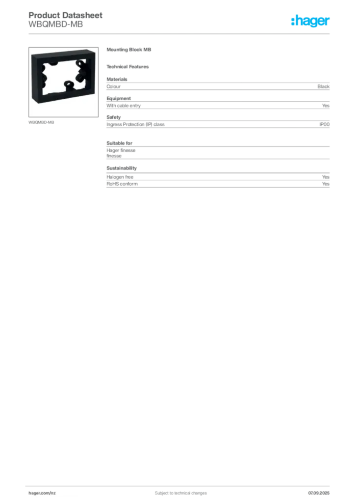 Image Hager Product data sheet WBQMBD-MB  | Hager New Zealand